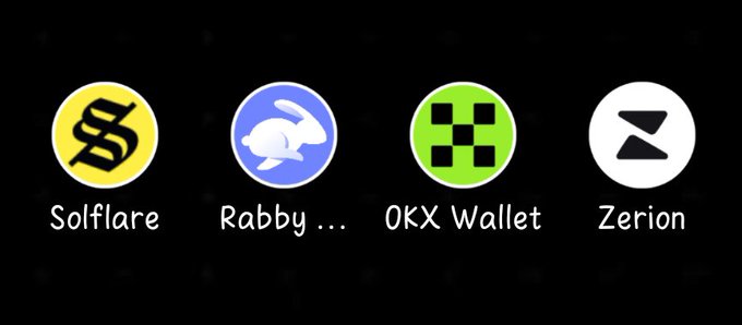 Four circular logos for cryptocurrency wallets on a dark background: 'Solflare' (yellow with black S), 'Rabby' (blue with white rabbit), 'OKX Wallet' (green with checkered pattern), and 'Zerion' (white with black Z).