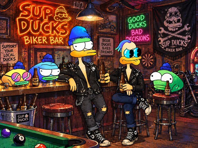 A vibrant cartoon illustration of a biker bar called "SUP DUCKS" features anthropomorphic ducks in leather jackets and beanies drinking beer at the counter, with neon signs reading "SUPPORT YOUR LOCAL DUCKS" and "GOOD DUCKS BAD DECISIONS."