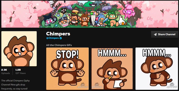 The image shows the official Chimpers GIPHY channel page featuring the title "Chimpers" with the handle @Chimpers, displaying 2.3K uploads and 1.2B GIF views, along with three example GIFs showing cartoon chimpanzees with text bubbles reading "STOP!" and "HMMM..." The page visually supports the post's announcement about Chimpers surpassing 1 billion GIPHY views, showcasing their animated character IP that has gained massive popularity.