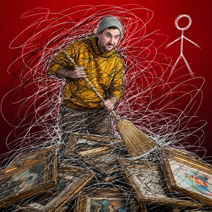 An illustration shows a man in a yellow hoodie and gray beanie holding a broom to sweep away artistic scribbles and framed pictures, with a white stick figure on a red background.
