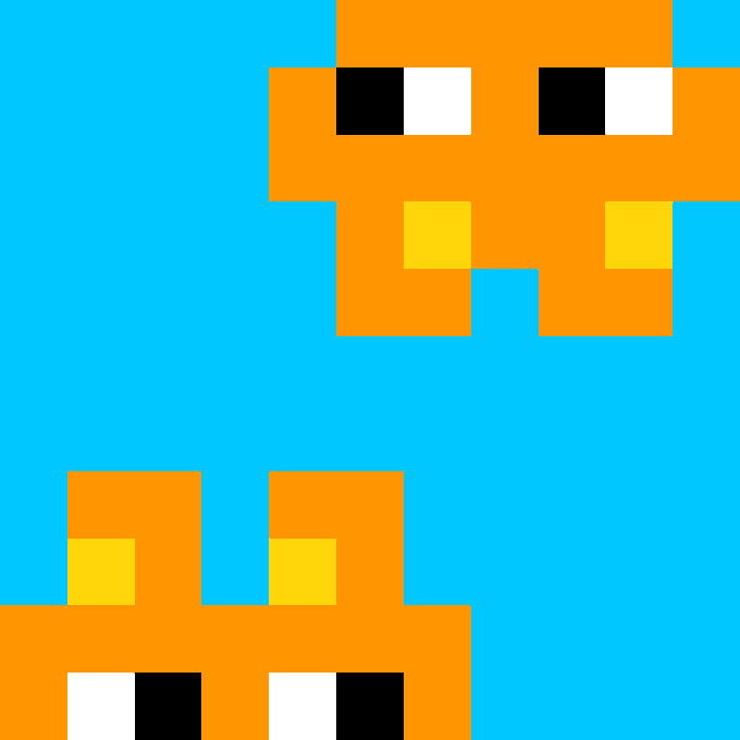 A pixel art image featuring two orange crab-like characters with square eyes on a bright blue background, reminiscent of classic arcade game graphics.