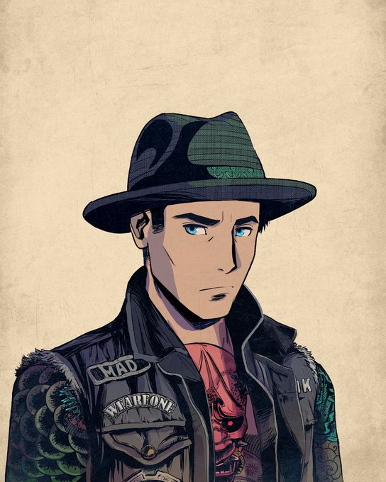 An illustrated portrait of a stern-looking man wearing a dark fedora and a leather jacket covered in patches reading 'MAD' and 'WARFONE', with tattoo-like designs on his arm.