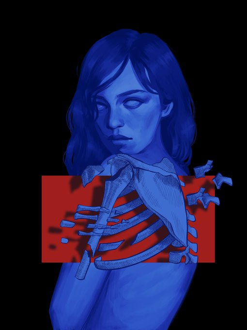 A stylized blue-toned artwork of a woman with an exposed, fragmented ribcage revealing anatomical bone structure against a red background.
