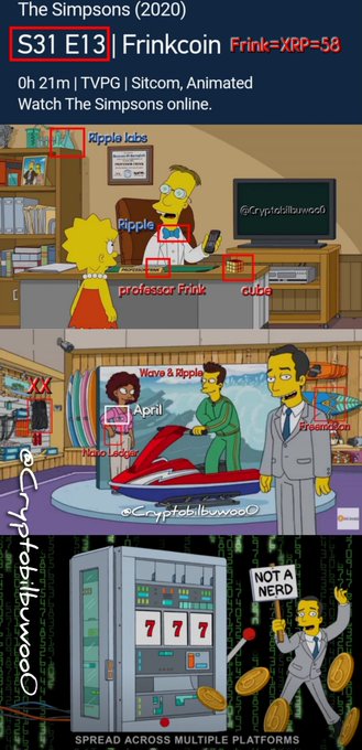 A Simpsons fan edit referencing "Frinkcoin" (S31 E13) overlays red boxes and cryptocurrency labels—Frink=XRP=$8—onto a scene featuring Professor Frink and a "NOT A NERD" protester, tying the "everything is signals" message to Frink's on-screen endorsement of crypto as both satire and speculation.
