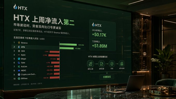 A large digital display in an office setting showing HTX cryptocurrency exchange statistics, highlighting that HTX had the second-highest net inflow last week at $51.89M, with a bar chart of various exchanges.