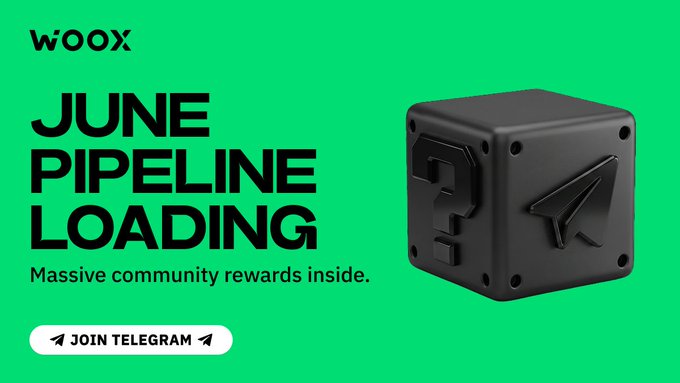 The image features a black cube with an arrow pointing towards it, which appears to be a game controller or a toy. The text "June Pipeline Loading" is written above the cube, and there are two arrows below it, one pointing upwards and another downwards. Below this, there's a white banner that says "MASSIVE REWARDS AND ALPHA ARE LOADING for the WOO X community this June". The image also includes a small text box with an arrow pointing to the right side of the image.

The main focus is on the cube and its surroundings, while the background remains green.