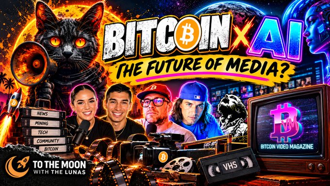 Colorful promotional graphic titled 'BITCOIN x AI - THE FUTURE OF MEDIA?' featuring a cat with a megaphone, four presenters, rockets, and a TV displaying 'BITCOIN VIDEO MAGAZINE'.