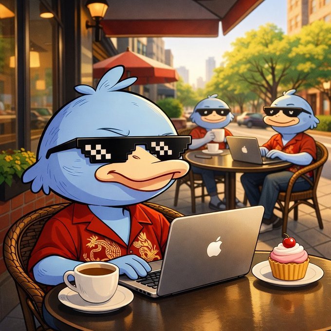 A digital illustration of three blue cartoon dolphin-like creatures wearing pixelated sunglasses and red Hawaiian shirts at an outdoor café, working on laptops with coffee and a cupcake on the table.