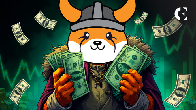 Cartoon Shiba Inu dog wearing a helmet and gold chain, holding stacks of cash with falling dollar bills and green stock charts in the background.