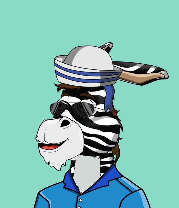 A cartoon illustration of a zebra wearing a white sailor hat, sunglasses, and a blue collared shirt against a mint green background.