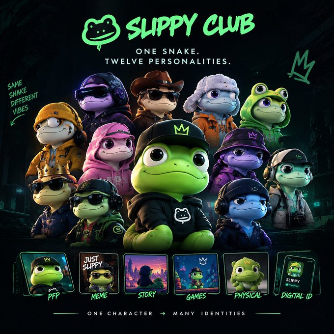 Promotional graphic for "SLIPPY CLUB" featuring twelve frog characters in different outfits with the tagline "ONE SNAKE. TWELVE PERSONALITIES" and categories like PFP, MEME, STORY, GAMES, PHYSICAL, and DIGITAL ID.