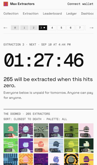 The image shows the Max Extractors dashboard displaying a countdown timer of 01:27:46 for Extraction 3, with 265 extractors noted as "The Doomed" set to be extracted when the timer hits zero. This aligns with the post's mention of 265 being the smallest burn yet, while teasing that tomorrow's larger extraction of 7,566 could potentially halve the collection size.