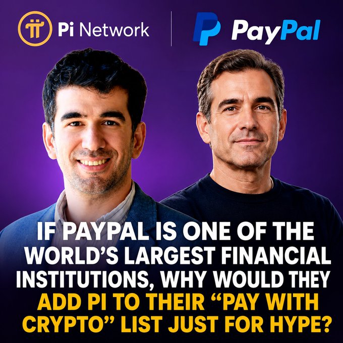 The image features Pi Network and PayPal logos above headshots of two men, with bold text questioning why PayPal would add Pi to its "Pay with Crypto" list "just for hype." This directly supports the accompanying post's cautious tone, urging readers to separate facts from assumptions about PayPal's potential official inclusion of Pi in its crypto resources.