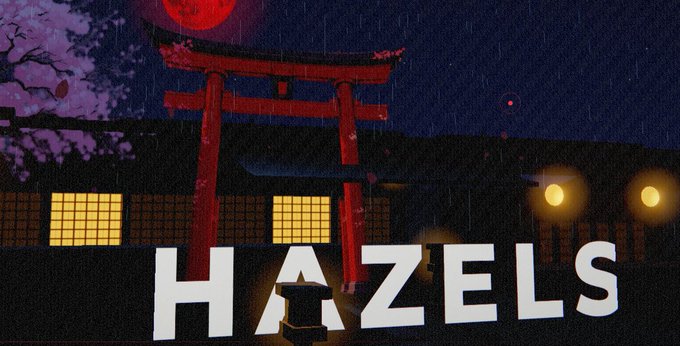 A pixel-art style illustration depicting a rainy night scene with a red torii gate, traditional buildings with glowing yellow windows, a red moon, and the large white text 'HAZELS' across the bottom.