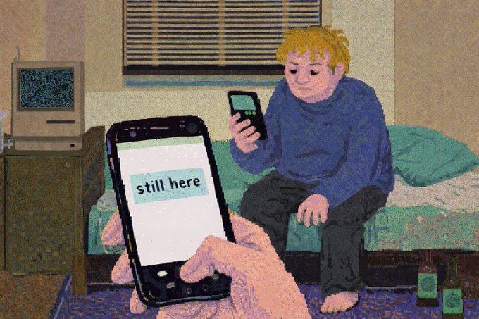 An illustration of a blonde person in a blue sweater sitting on a bed holding a phone, while another person's hands in the foreground hold a phone displaying the text 'still here'.