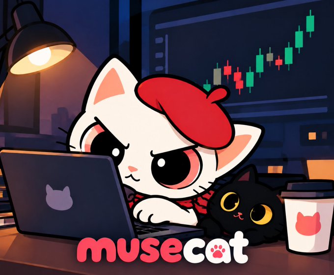 Cartoon illustration of a white cat with a red beret using a laptop at night with a trading chart in the background, branded as 'MUSECAT'.