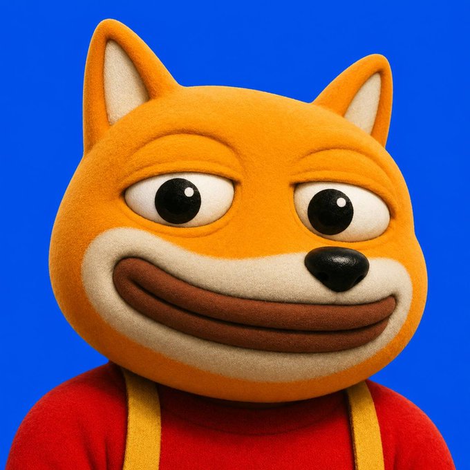 A 3D-rendered Shiba Inu character wearing a red shirt and yellow suspenders smiles smugly against a bright blue background, perfectly capturing the cheerful "GM" (good morning) sentiment with its cheerful, meme-ready expression.