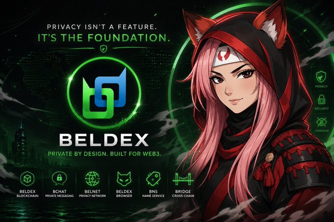 A promotional image for 'BELDEX' featuring an anime-style pink-haired ninja character, text reading 'PRIVACY ISN'T A FEATURE. IT'S THE FOUNDATION.' and 'BELDEX PRIVATE BY DESIGN, BUILT FOR WEB3.'
