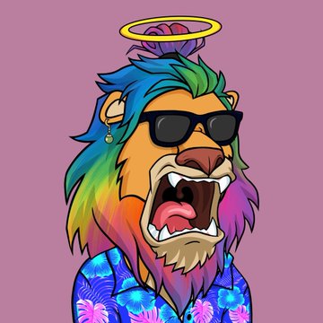 A stylized cartoon illustration of a roaring lion with a rainbow mane, wearing black sunglasses, a yellow halo, and a blue floral Hawaiian shirt against a solid pink background.