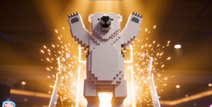 A large white voxel-style polar bear statue stands with arms raised, surrounded by sparks of light in an indoor venue.