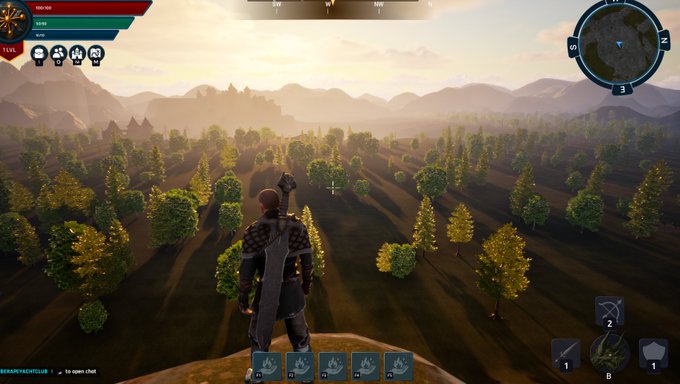 A third-person video game screenshot showing a character with a sword standing on a cliff overlooking a forested valley at sunset, with UI elements including a minimap, health bars, and inventory icons.