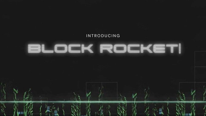 A promotional graphic with a dark background displaying the text 'INTRODUCING BLOCK ROCKET' in a glowing, futuristic font above a stylized green grassy area.
