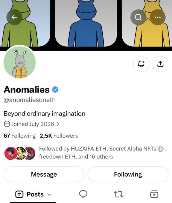 An X (Twitter) profile page for 'Anomalies' (@anomaliesoneth) with the bio 'Beyond ordinary imagination', showing 2.5K followers and illustrated frog avatars in the banner.