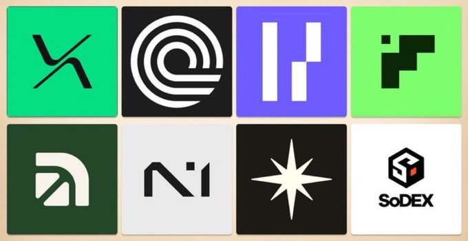 The image displays a grid of eight cryptocurrency/blockchain project logos, including brands like X, a swirl emblem, an "H", "ir", a green "D"-like symbol, "Ni", a star compass design, and "SoDEX." The post highlights the user's favorite picks from this collection (@OndoPerps, @arcus_xyz, @perpltrade, @sodex_official, and @TxFlow_L1) while suggesting the remaining logos should be "faded" or avoided.