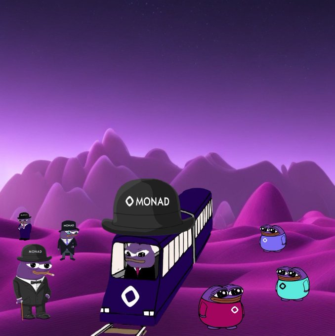 An animated purple landscape features the "MONAD" train carrying a suited character wearing a branded bowler hat, surrounded by "MONAD" agents and colorful mascot figures on a path leading toward rolling hills. The imagery ties into the post's bullish message about Monad's unstoppable momentum heading "to the moon."