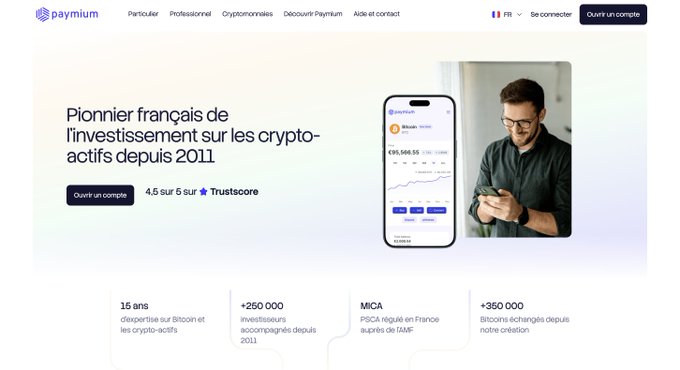 Screenshot of the Paymium website homepage in French, advertising crypto-asset investing since 2011 with stats including '15 ans' and '+250 000 investisseurs'.
