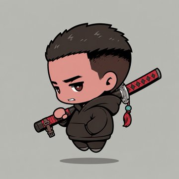 A chibi-style cartoon character with spiky black hair, wearing a dark hoodie, and carrying a red-wrapped katana on his back, designed in the AZUKI BEANZ aesthetic while retaining recognizable features from the original NFT.
