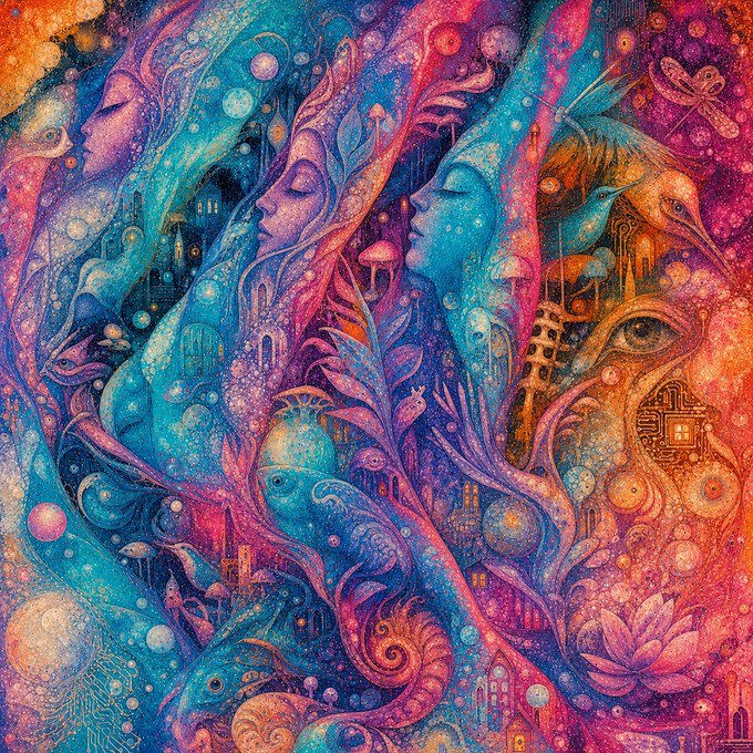 A vibrant, psychedelic digital artwork featuring two ethereal faces in blue and teal tones surrounded by intricate details including eyes, birds, fish, mushrooms, and architectural elements in a kaleidoscope of colors.