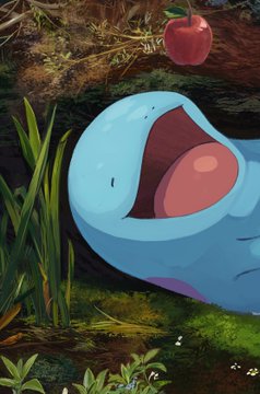 An illustration of a blue, rounded creature with its mouth wide open, appearing about to eat an apple falling from above in a grassy setting.