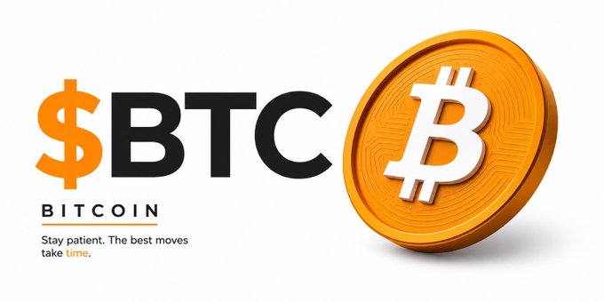 A promotional graphic featuring a large orange Bitcoin coin with the "$BTC BITCOIN" logo and the tagline "Stay patient. The best moves take time," visually reinforcing the post's message about Bitcoin's resilience near the $80K level and the patience required for it to break through.