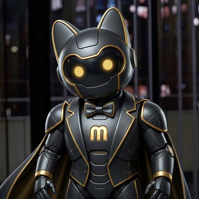 A 3D-rendered black and gold robotic cat wearing a tuxedo and cape, with glowing yellow eyes.