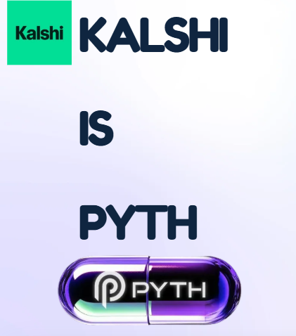 A graphic showing the Kalshi logo, the word 'IS', the word 'PYTH', and a pill-shaped emblem containing the PYTH Network logo on a light purple background.