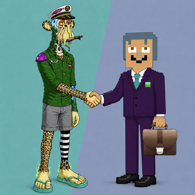 Illustration of a surreal hybrid creature in a military uniform shaking hands with a pixelated businessman in a purple suit holding a briefcase.