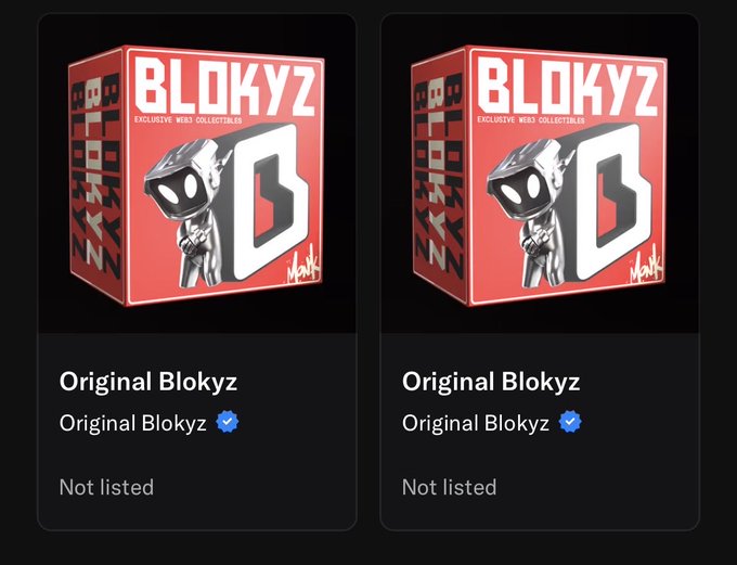 Two identical 3D boxes labeled 'BLOKYZ EXCLUSIVE MIRA COLLECTIBLES' designed by Mira featuring a character with a box-shaped head, both marked 'Original Blokyz' with verified checkmarks and labeled 'Not listed'.