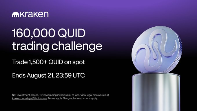 A Kraken promotional banner for a "160,000 QUID trading challenge," inviting users to trade 1,500+ QUID on spot by August 21, 23:59 UTC, with a silver QUID coin illustration on the right—reinforcing the post's call to compete for a share of the 160,000 QUID reward pool.