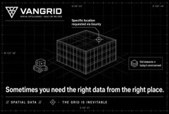 A dark VANGRID promotional graphic shows a wireframe data cube and the slogan “Sometimes you need the right data from the right place.”