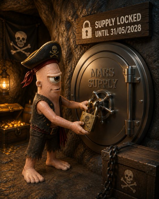 The image features a pirate character holding a padlock over a wooden chest filled with gold coins. The pirate character has a pirate hat and a red bandana around his neck. There are also several pirate flags visible in the background, adding to the pirate theme of the scene. The text "The signal has been secured 69M $MARS tokens are now officially locked on-chain with @Streamflow_Fi until 2028 No empty promises No hidden moves Full commitment to the long-term vision" is written below the chest filled with gold coins and the padlock, indicating that the pirate character's tokens have been successfully locked onto a blockchain.