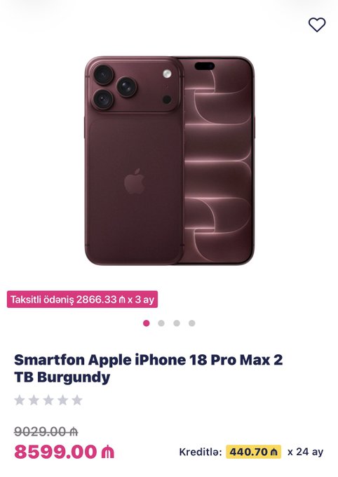 A product listing for a 'Smartfon Apple iPhone 18 Pro Max 2 TB Burgundy' priced at 8599.00₼ with monthly installment payment of 440.70 ₼ x 24 ay and a 0% installment option (Taksitli ödəniş 2866.33 ₼ x 3 ay).