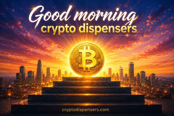 A 'Good morning crypto dispensers' promotional image showing a glowing golden Bitcoin coin on a pedestal against a city skyline at sunrise, with 'cryptodispensers.com' at the bottom.