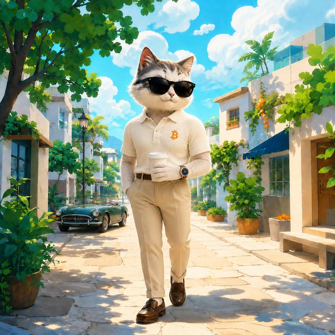 An illustrated anthropomorphic cat wearing sunglasses, a cream polo shirt with a Bitcoin 'B' logo, and khaki pants walks down a Mediterranean-style street holding a coffee cup.