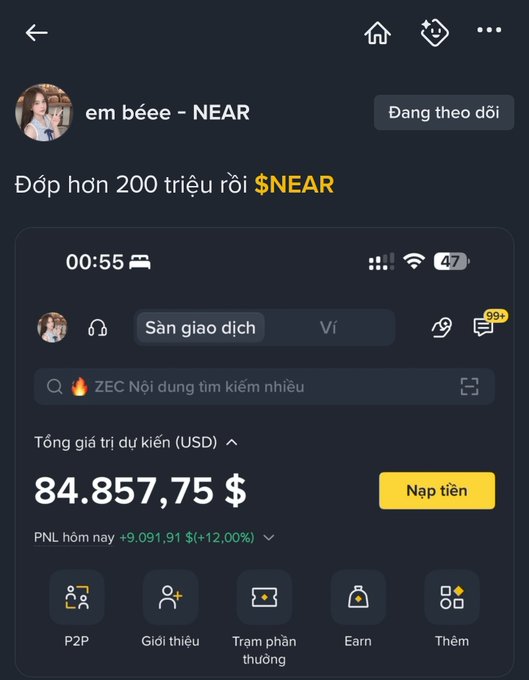 A mobile app screenshot showing a crypto trading account in Vietnamese, displaying "Đớp hơn 200 triệu rồi $NEAR" and a portfolio value of "84.857,75 $".