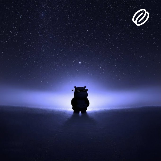 A dark, atmospheric illustration of a small character with small horns standing in a foggy landscape under a starry night sky, with a white logo in the top right corner.