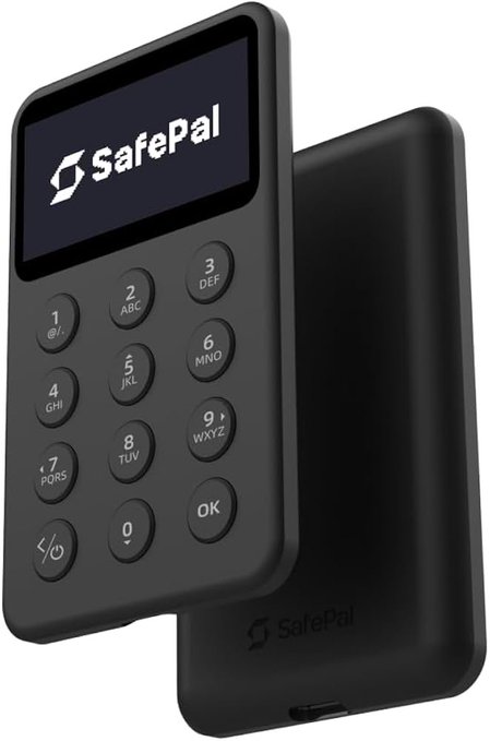 A black hardware cryptocurrency wallet device branded 'SafePal' is shown with its numeric keypad, screen, and 'OK' button.