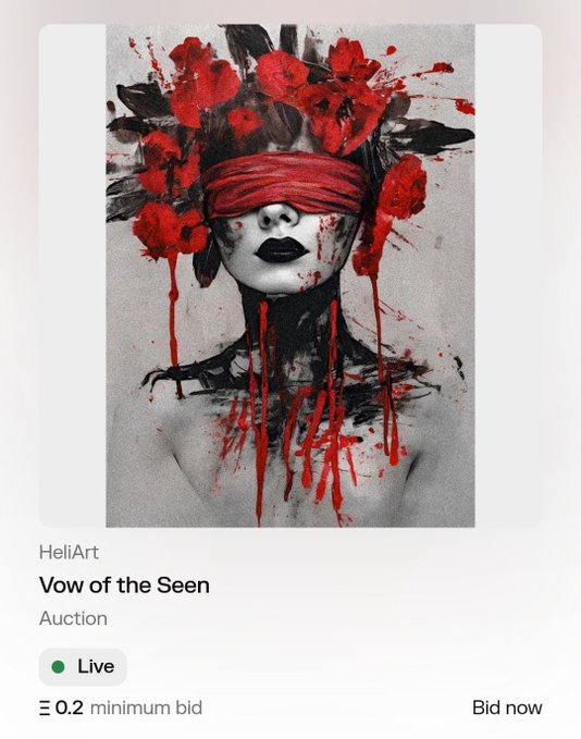 The image features a painting of a woman with red flowers, which appears to be a part of an auction. The painting has been tagged "HellArt" and is being sold for 0.2 Ξ minimum bid. The bidding process is currently in progress, as indicated by the text "Live Bid now".
