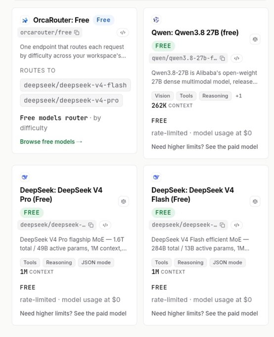 A screenshot displaying four AI model cards on what appears to be a routing platform, including OrcaRouter: Free (routes to deepseek/deepseek-v4-flash and deepseek/deepseek-v4-pro), Qwen: Qwen3.8 27B (free) with 262K context, DeepSeek: DeepSeek V4 Pro (Free) with 1M context, and DeepSeek: DeepSeek V4 Flash (Free) with 1M context.