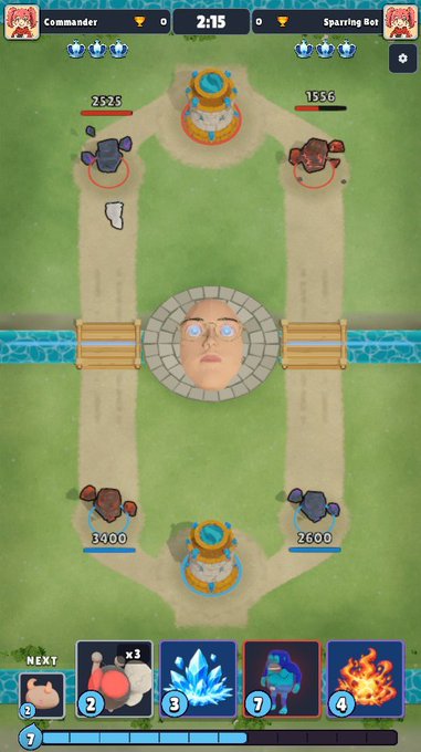 A screenshot of a mobile game showing a battle scene with towers, a central character portrait, and ability buttons at the bottom. The UI includes 'Commander', '2:15', 'Sparring Boo', and various numerical values.